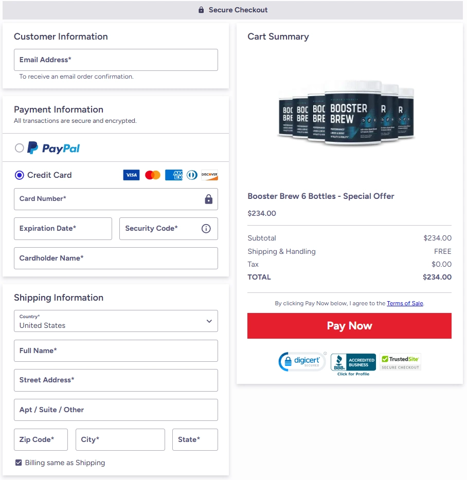 Secure Booster Brew checkout process for supplement purchases